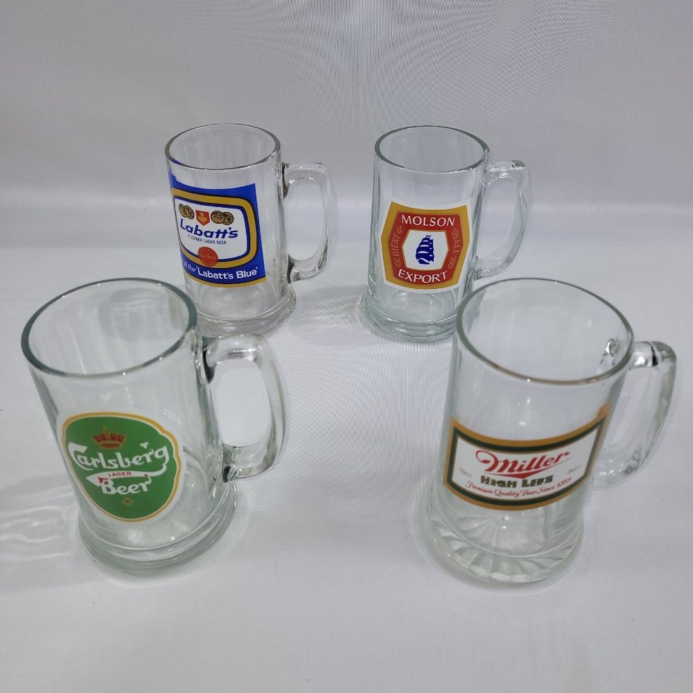 Vintage Glass Beer Mug Set 4 Carlsberg Labatts Blue Molson Export & Miller